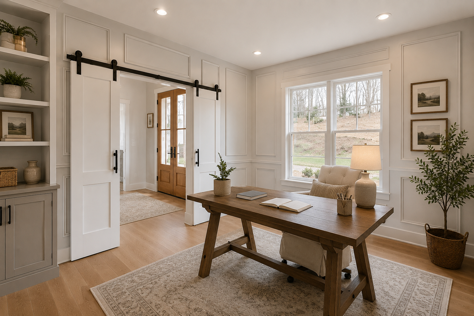 Home office with custom desk area and natural light