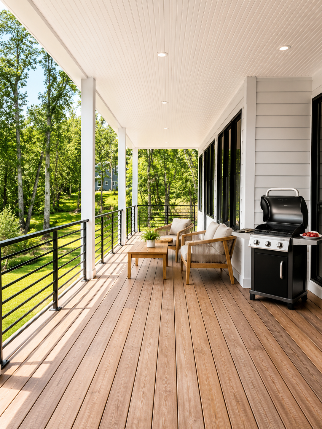 Rear outdoor deck overlooking the grounds and wooded privacy