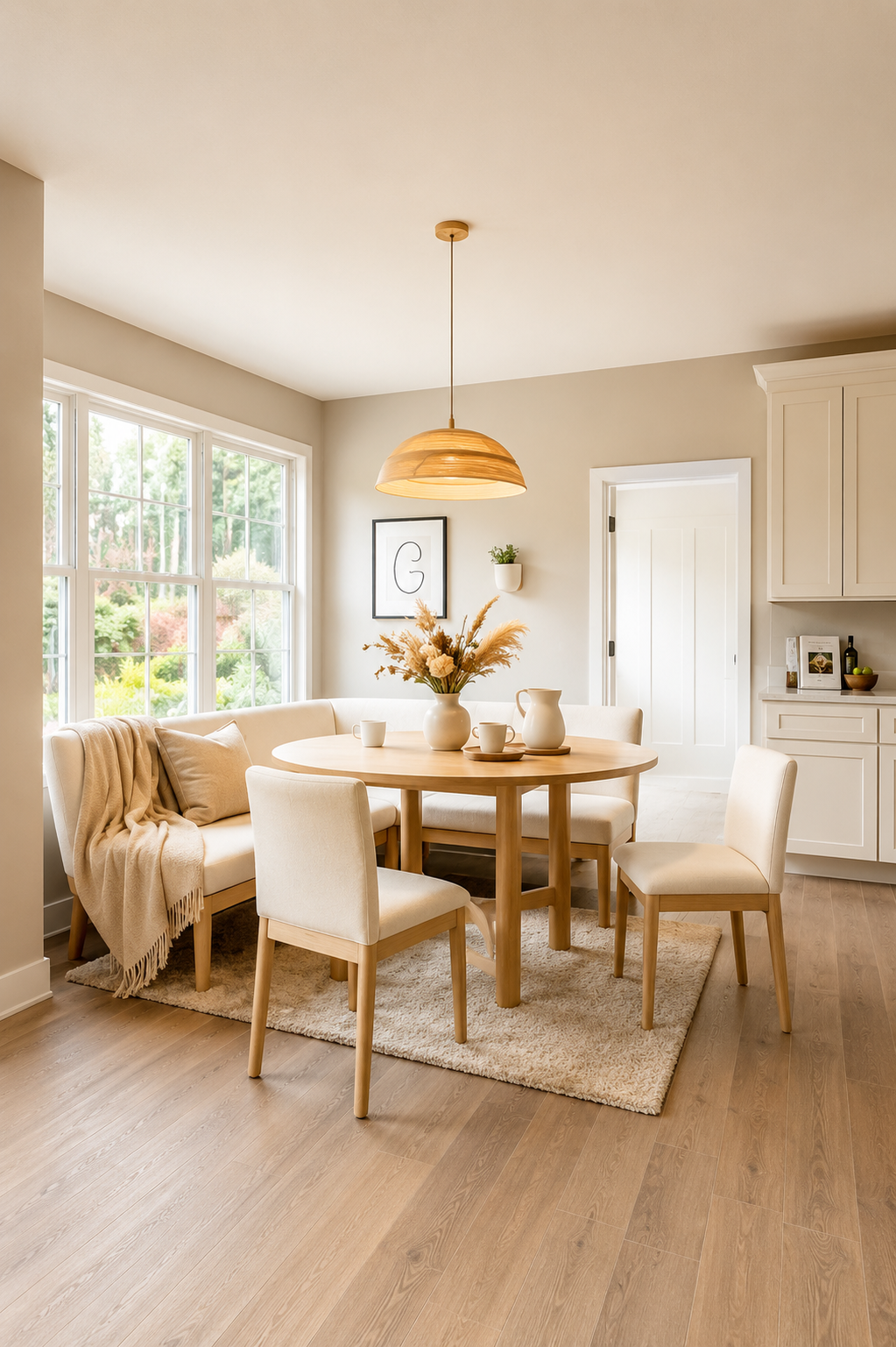 Breakfast nook with round dining table and oversized window