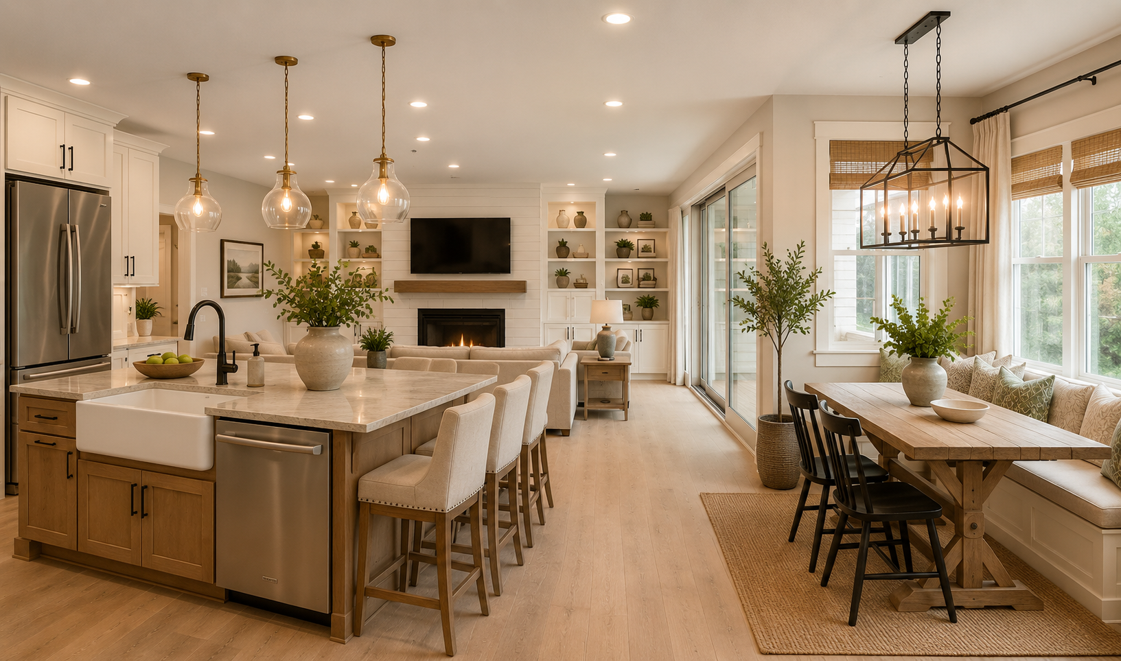 Kitchen, breakfast nook, and family room flowing together in one open plan