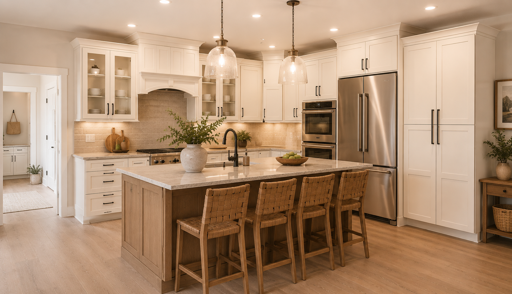 Chef's kitchen with expansive island, custom cabinetry, and pendant lighting
