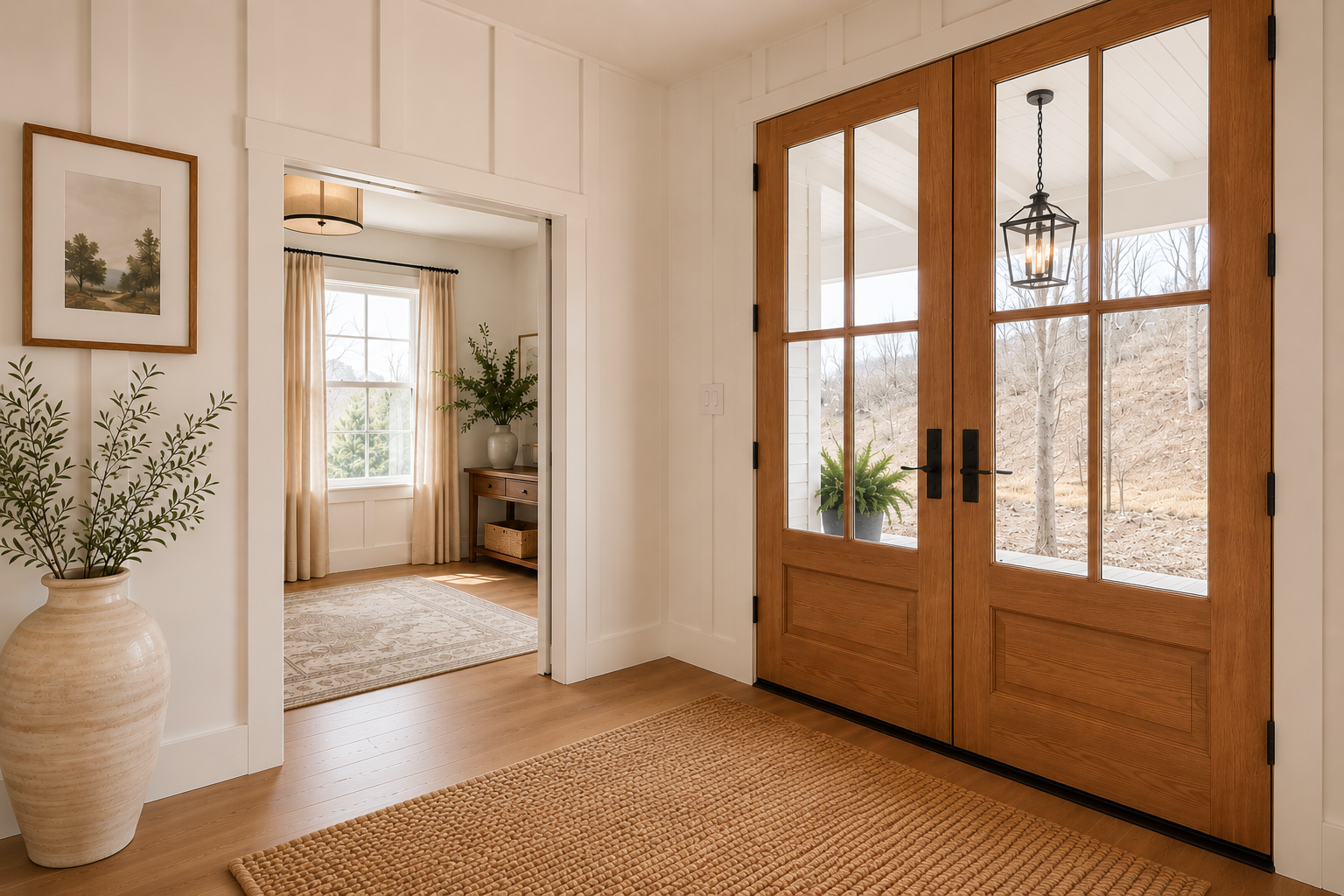 Front entry and foyer view with staircase and warm natural light