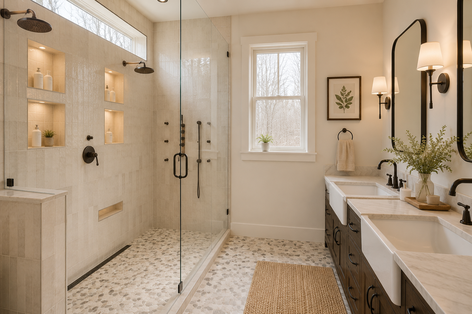 Primary bathroom with dual rainfall shower heads and elegant finishes